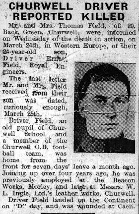 Press cutting from The Morley Observer on Driver Ernest Field, 1945.