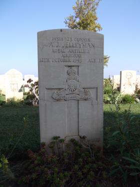 Headstone for Gunner Jelleyman, Bari War Cemetery, November 2011.