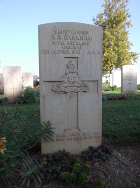 Headstone of Gunner Barkham, Bari War Cemetery, November 2011.