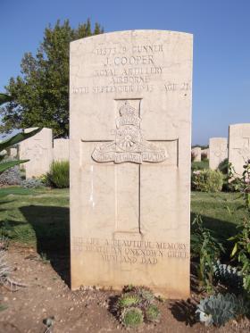 Headstone of Gunner James Cooper, Bari War Cemetery, November 2011.