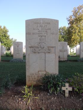 Headstone for Gunner John Riley, Bari War Cemetery, November 2011.