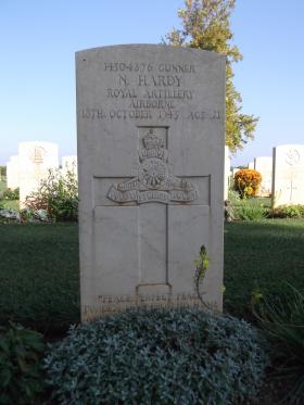 Headstone of Gunner Norman Hardy, Bari War Cemetery, November 2011.