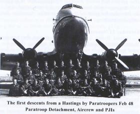 Paratroop Detachment, Aircrew and PJIs assembled for the 1st descent from a Hastings, AFEE, Feb 1948.
