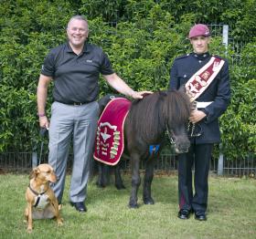 Tony Lewis and Pony Major Adam Martin with Peg the dog and Pegasus V, the Regimental Mascot, Duxford 2013. 
