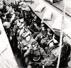 View of the interior of a landing craft during training for Bruneval, 1942.