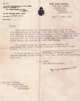 War Office letter confirming the death of CQSM Isaacs, 29 July 1944.