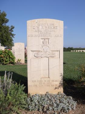 Headstone of L/Bdr GWR Wright, Bari War Cemetery, November 1943.