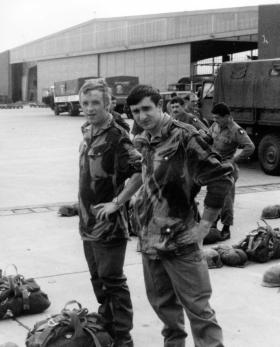 Members of 1 Para Provost Pln RMP (V) waiting to jump at the German Parachute Training School, 1976.