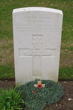 The headstone of Gunner Eric Lay, Reichswald Forest War Cemetery Germany, 2010.