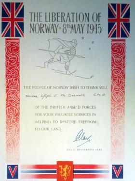 Pte John L McDermott, Liberation of Norway Certificate, 1945