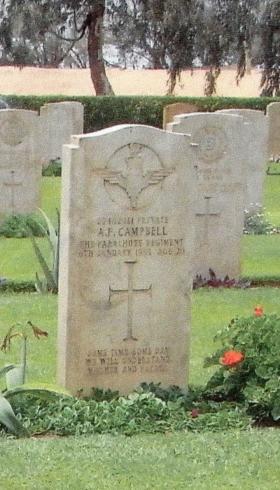 Headstone of Pte Alan Campbell, Moascar War Cemetery, 1990s.