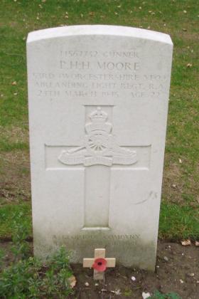 Headstone of L/Bdr PHH Moore, Reichswald Forest War Cemetery Germany, 2010.
