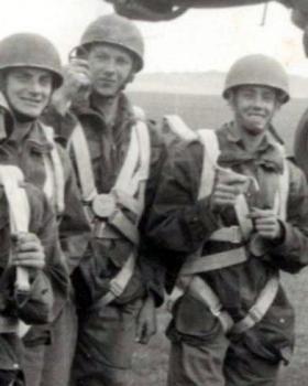 Spr Morgan, centre, preparing to board a Halifax aircraft with friends at Netheraven 1948.