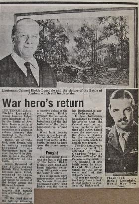 Newspaper article about 'Dickie' Lonsdale on 40th anniversary of Arnhem, 1984.