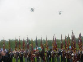 Flypast of RAF Chinooks at the dedication ceremony for the Airborne Forces National Memorial at the NMA, 13 July 2012.