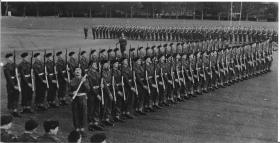 Soldiers 'Present Arms' Trooping the Colour, Barrosa Square, Aldershot 1958.