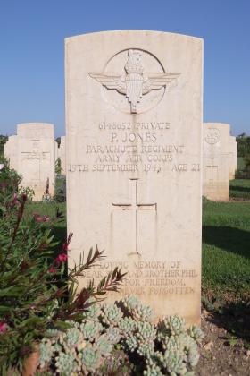 Headstone of Pte P Jones, Bari War Cemetery, November 2011.