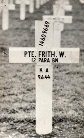 Pte W Frith's grave marker in Ranville Cemetery, 1945-6.