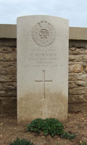 Headstone of Spr P Robinson, Ranville Churchyard, August 2010.