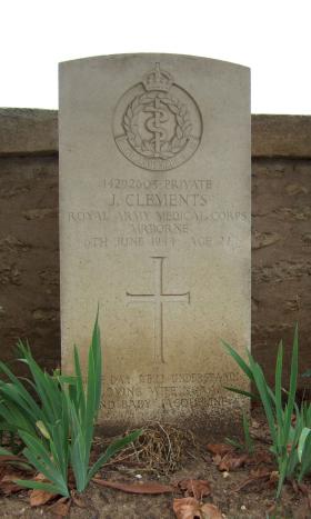 Headstone of Pte John Clements, Ranville Churchyard, August 2010.