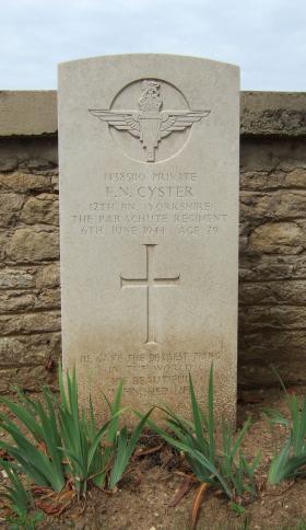 Headstone of Pte Cyster, Ranville Churchyard, August 2010.