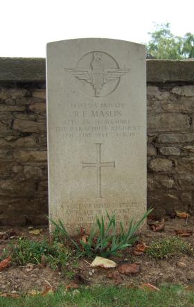Headstone of Pte R Maslin, Ranville Churchyard, August 2010.