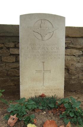 Headstone of Sgt F Milburn, Ranville Churchyard, taken August 2010.