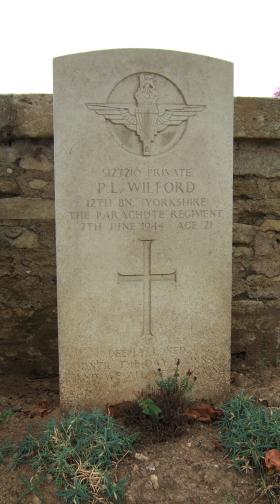 Headstone of Pte P Wilford, Ranville Churchyard, August 2010.