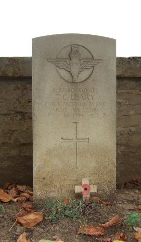 Headstone of Pte T Leary, Ranville Churchyard, August 2010.
