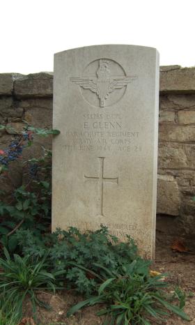 Headstone of L/Cpl E Glenn, Ranville Churchyard, taken August 2010.
