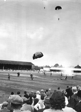 The Parachute Regiments Freefall Team landing at a public display, 1964