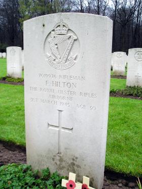 Headstone of Rifleman Francis Hilton,  Reichwald Forest Cemetery, Germany, March 2006.