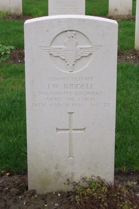 Headstone of Pte JW Riddell, Reichswald Forest War Cemetery, 2010.