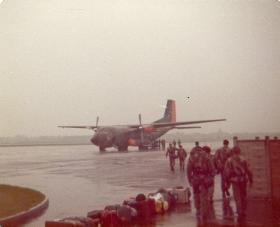 Members of 10 PARA emplaning a Luftwaffe Transall C-160, RAF Northolt, May 1978. 