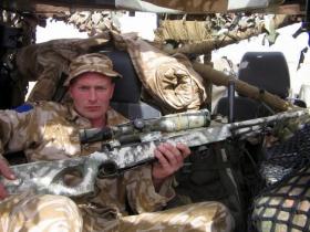 Pte Steve Lewis with a L96A1 Sniper Rifle, 2 PARA, Iraq, 2005.