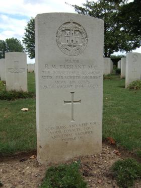 Headstone of Major RM Tarrant, La Delivrande War Cemetery, 2010.
