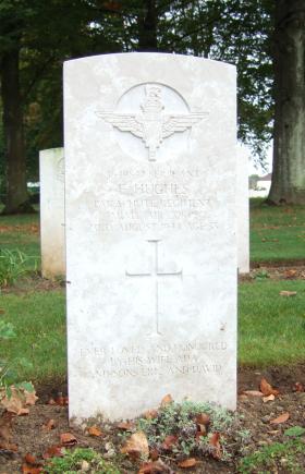 Headstone of Sgt E Hughes, Ranville Cemetery, taken October 2014.