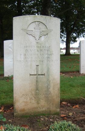 Headstone of Sgt D McKirdy, Ranville Cemetery, taken October 2014.