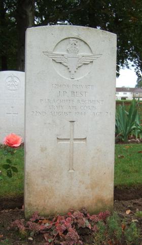 Headstone of Pte Best, Ranville Cemetery, taken October 2014.