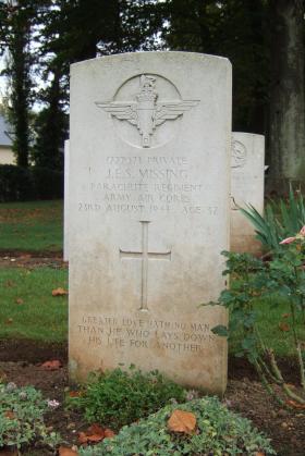 Headstone of Pte J Missing, Ranville Cemetery, October 2014.