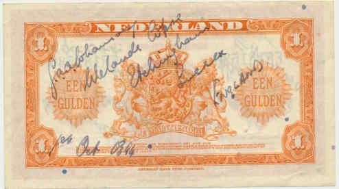 OS Dutch bank note signed by L/Cpl. GAA Johanson. 1 October 1944.
