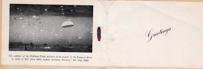 Greetings Card with Elephant point black and white image inside showing parachuting, 2nd Indian Airborne Division, India, 1945
