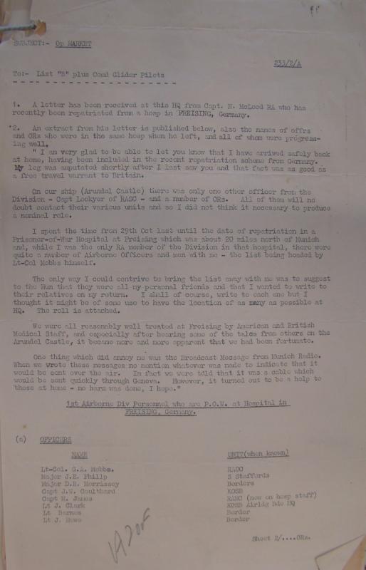 OS Letter & list from Capt N McLeod. 1 AirLanding ATk Bty, RA 1945