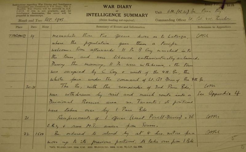 6th (Royal Welch) Parachute Battalion. WAR DIARY. September 1943 ...