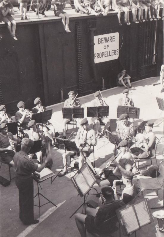 OS 1951-06-07 Band,3 Para playing aboard HMS Triumph, Cyprus bound