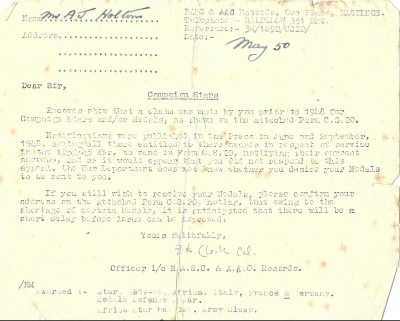 OS Award of Medals Letter from Colonel Clarke - 1950