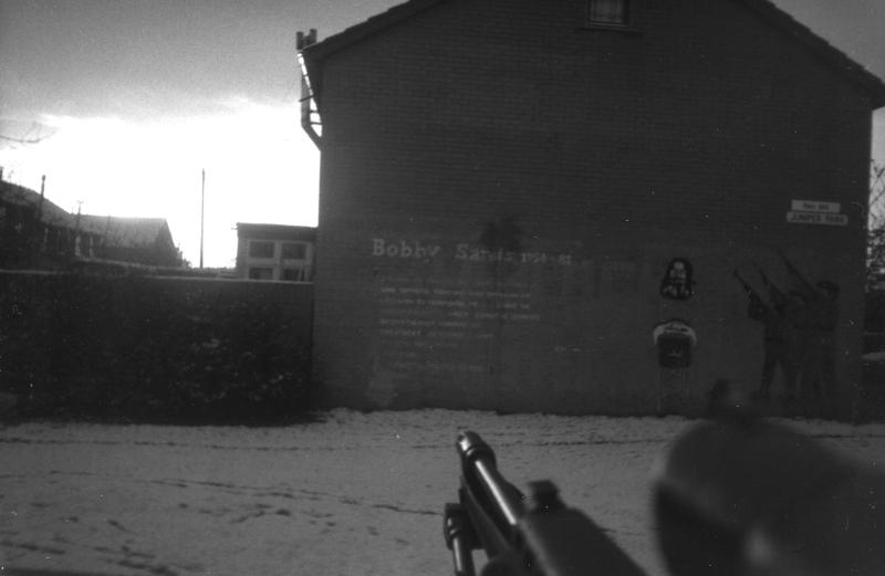 OS QRF night duty near a Bobby Sands mural in the Twin Brooks West Belfast