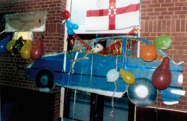 OS The controversial artwork of the joyrider shooting, displayed on the 3 Para cookhouse at Palace Barracks during Christmas 1990