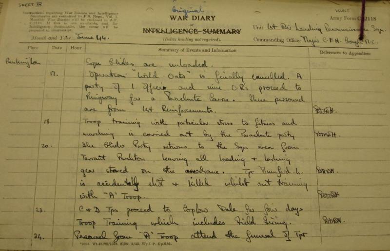 OS 1 Abn Recce Sqn. War Diary. 16-24 June 1944