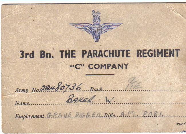 ID card of Private Bill Baker, 3rd Para Bn